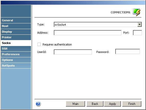 Terminal Emulation z/Scope VT unix VT Telnet Socks Type Address Port Requires Authentication UserId Password