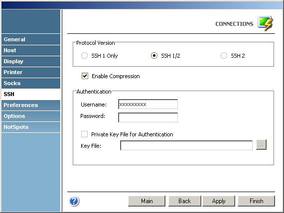 Terminal Emulation z/Scope VT unix VT Telnet SSH Protocol Compression Username Password Authentication Private Key File