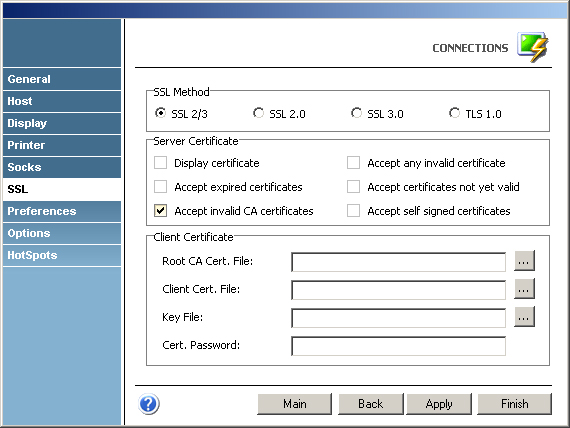Terminal Emulation z/Scope VT unix VT Telnet SSL TLS Server Certificate Display Accept Expired Invalid Valid Self Signed Client Root CA Client Key File Password