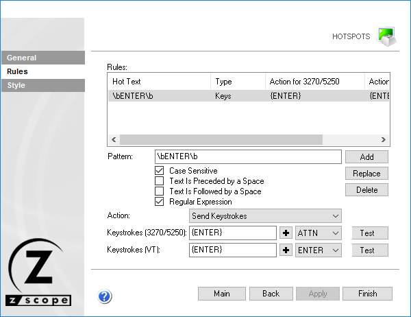 Web-based HTML5 TN3270 IBM Mainframe TN5250 IBM AS/400 VT UNIX Terminal Emulation Settings HotSpots Rules Hot Text Type Action Pattern Keystrokes Test