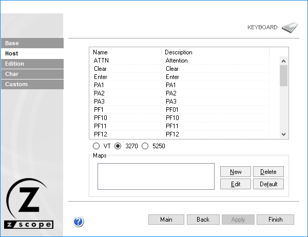 Web-based HTML5 TN3270 IBM Mainframe TN5250 IBM AS/400 VT UNIX Terminal Emulation Settings Keyboard Host Name Description Map protocol