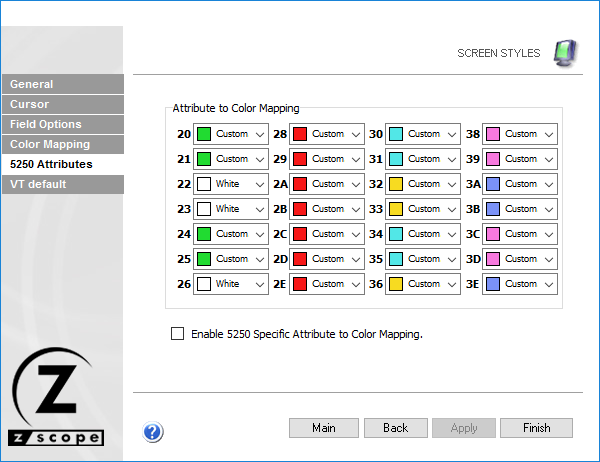 Web-based HTML5 TN3270 IBM Mainframe TN5250 IBM AS/400 VT UNIX Terminal Emulation Settings Screen Styles 5250 Attributes Color Mapping