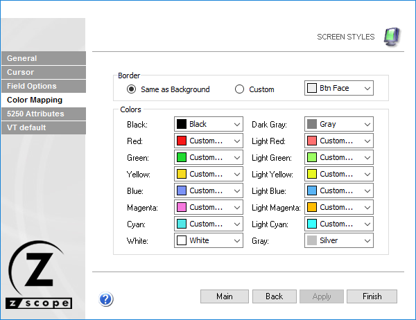 Web-based HTML5 TN3270 IBM Mainframe TN5250 IBM AS/400 VT UNIX Terminal Emulation Settings Screen Styles Color Mapping Border Background Custom Colors