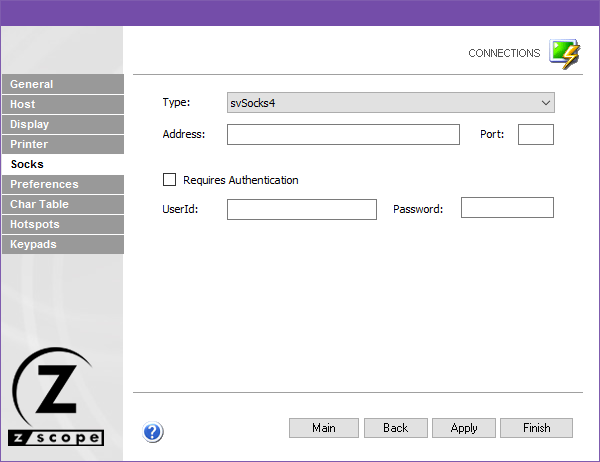 Web-based HTML5 TN3270 TN5250 Terminal Emulation Settings Socks Type Address Port Authetnication UserID Password