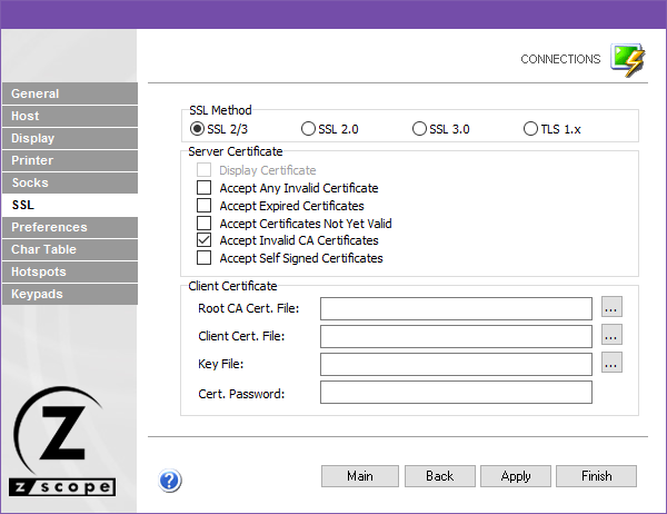 Web-based HTML5 TN3270 TN5250 Terminal Emulation Settings SSL TLS Display Certificate Invalid Expired Valid CA Self Signed Client Root Key File Password