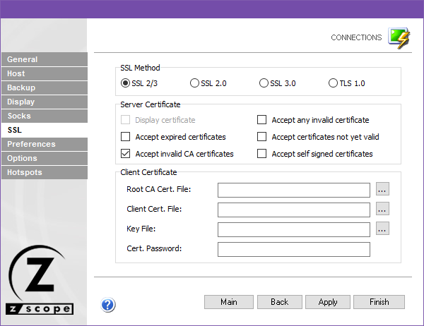 Web-based HTML5 VT100 Unix Telnet Terminal Emulation Settings SSL TLS Server Certificate Display Accept Expired Invalid Valid Self Signed Client Root Client Key File Password
