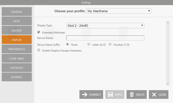 Web-based HTML5 TN3270 IBM Mainframe Terminal Emulation Connection Edit Display Type Extended Attributes Device Name Suffix Graphic Escape Characters