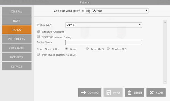 Web-based HTML5 TN5250 IBM AS/400 Terminal Emulation Connection Edit Display SYSREQ Command Dialog Device Name Suffix Invalid Characters Null