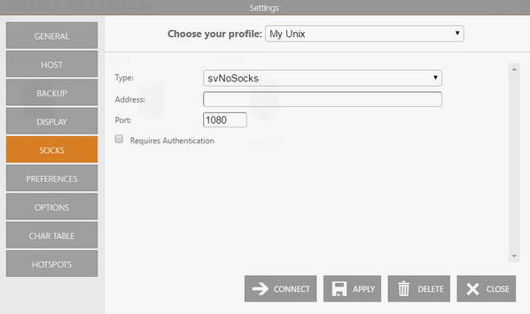 Web-based HTML5 VT UNIX Telnet Terminal Emulation Connection Edit Socks Type Address Port Authentication UserID Password