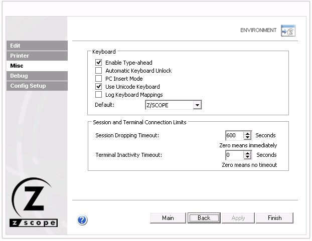 Web-based HTML5 TN3270 TN5250 VT100 Terminal Emulation Settings Environment Misc Keyboard Type-Ahead Unlock PC Insert Mode Log Mappings Default