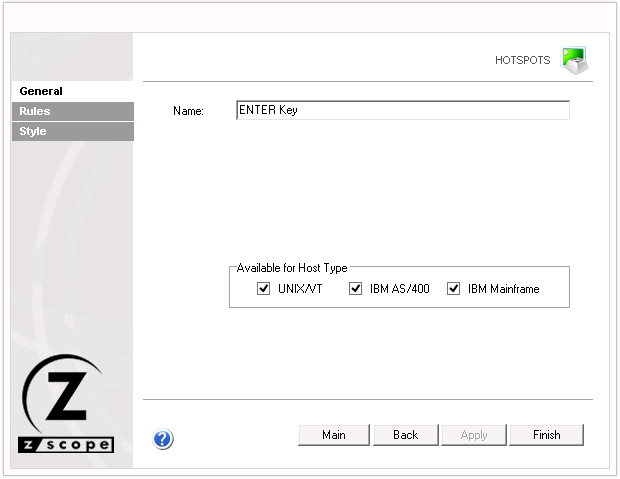 Web-based HTML5 TN3270 TN5250 VT100 Terminal Emulation Settings HotSpots General Name Host Type