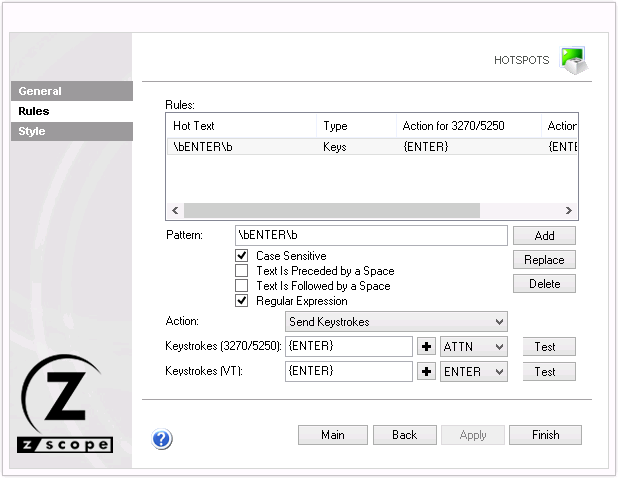 Web-based HTML5 TN3270 IBM Mainframe TN5250 IBM AS/400 VT UNIX Terminal Emulation Settings HotSpots Rules Hot Text Type Action Pattern Keystrokes Test