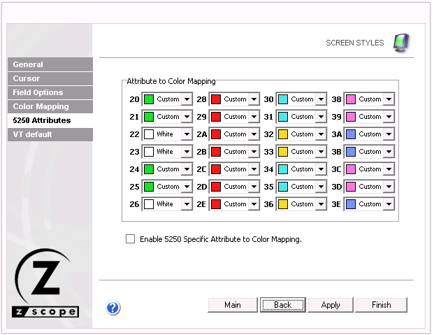 Web-based HTML5 TN3270 IBM Mainframe TN5250 IBM AS/400 VT UNIX Terminal Emulation Settings Screen Styles 5250 Attributes Color Mapping