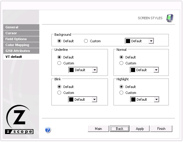 Web-based HTML5 TN3270 IBM Mainframe TN5250 IBM AS/400 VT UNIX Terminal Emulation Settings Screen Styles VT Default Background Custom Undelrine Normal Blink Highlight