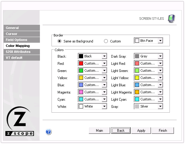 Web-based HTML5 TN3270 IBM Mainframe TN5250 IBM AS/400 VT UNIX Terminal Emulation Settings Screen Styles Color Mapping Border Background Custom Colors