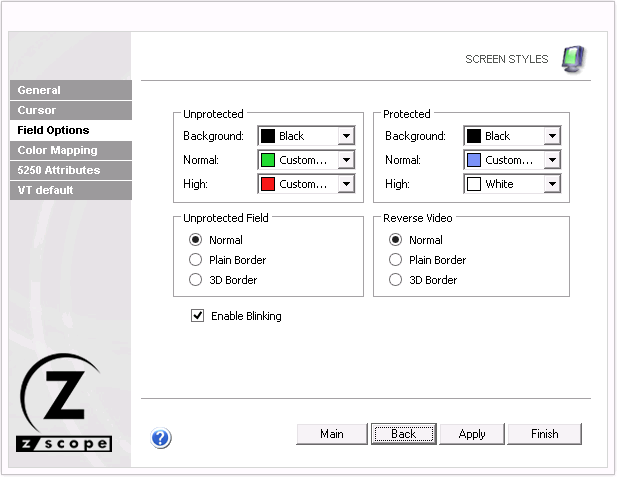 Web-based HTML5 TN3270 IBM Mainframe TN5250 IBM AS/400 VT UNIX Terminal Emulation Settings Screen Styles Field Options Protected Unprotected Background Normal High Field Border Plain 3D Blinking