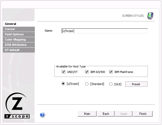 Web-based HTML5 TN3270 IBM Mainframe TN5250 IBM AS/400 VT UNIX Terminal Emulation Settings Screen Styles General Name Host Type