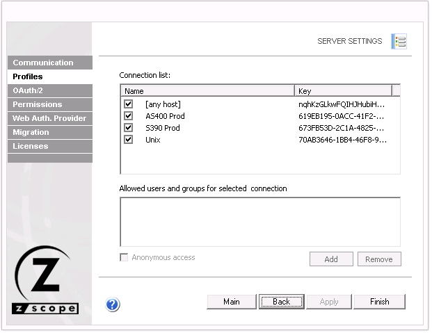 Web-based HTML5 TN3270 IBM Mainframe TN5250 IBM AS/400 VT UNIX Terminal Emulation Server Settings Profiles Connection List Name Allowed Users Groups