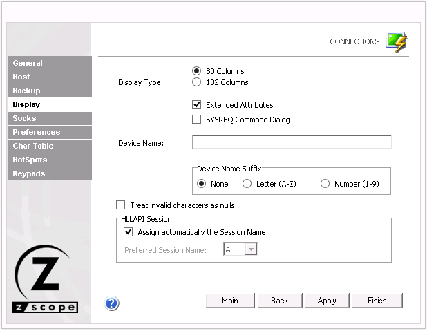 Web-based HTML5 TN3270 TN5250 Terminal Emulation Settings Display Type 80 132 Columns Extended Attributed SYSREQ Command Dialog Device Name Suffix Invalid Characters Null HLLAPI Session Automatically