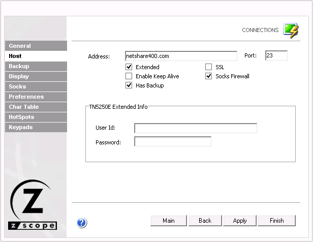 Web-based HTML5 TN3270 TN5250 Terminal Emulation Settings Host Address Extended Enable Keep Alive Backup SSL Socks Firewall