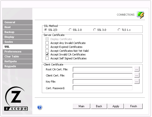 Web-based HTML5 TN3270 TN5250 Terminal Emulation Settings SSL TLS Display Certificate Invalid Expired Valid CA Self Signed Client Root Key File Password