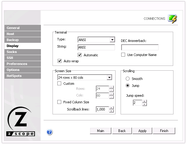 Web-based HTML5 VT100 Unix Telnet Terminal Emulation Settings Display Terminal Type String ANSI DEC Answerback Computer Name Autowrap Screen Size rows columns Fixed Scrolling Smooth Jump Speed