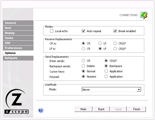 Web-based HTML5 VT100 Unix Telnet Terminal Emulation Settings Options Modes local Echo Auto Repeat Break Enabled Receive Replacements CR LS Send Enter Backspace Cursor keys keypad Normal Numeric Application LineMode