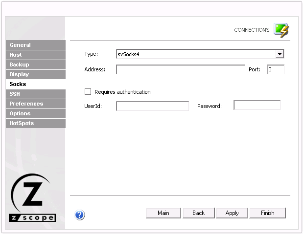 Web-based HTML5 VT100 Unix Telnet Terminal Emulation Settings Socks Type Address Authentication UserID PAssword