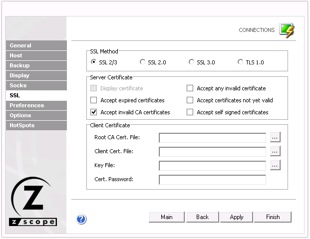 Web-based HTML5 VT100 Unix Telnet Terminal Emulation Settings SSL TLS Server Certificate Display Accept Expired Invalid Valid Self Signed Client Root Client Key File Password