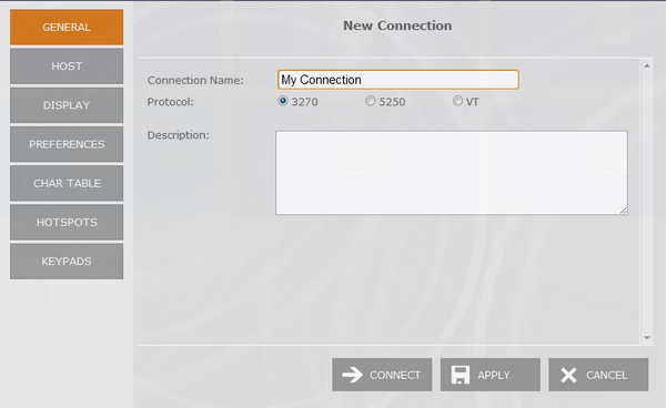 Web-based HTML5 TN3270 IBM Mainframe TN5250 IBM AS/400 VT UNIX Terminal Emulation New Connection