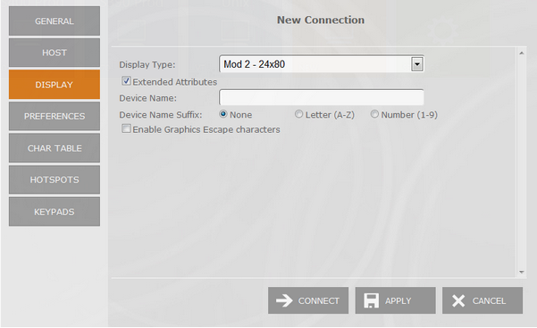 Web-based HTML5 Terminal Emulation TN3270 IBM Mainframe Connection Display Type Extended Attributes Device Name Suffix Graphic Escape Characters