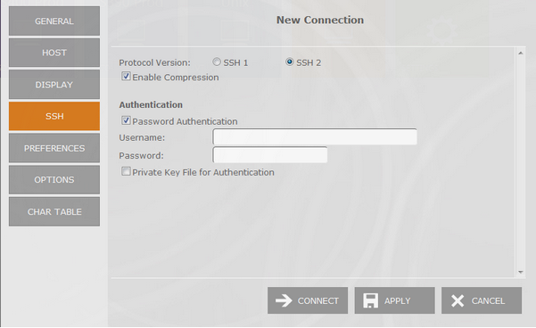 Web-based HTML5 Terminal Emulation VT100 UNIX Telnet Connection SSH Version Compressiong Password Authentication Private Key File