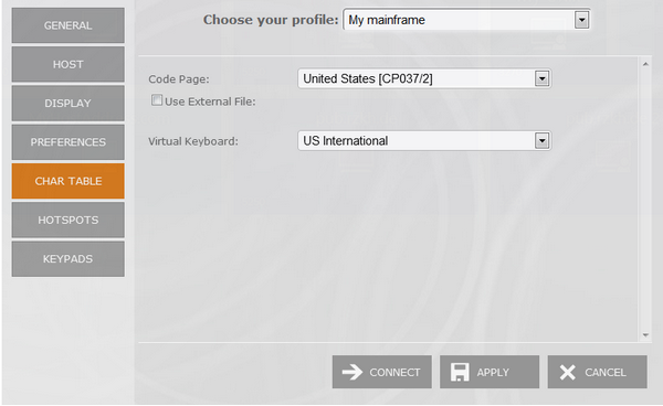 Web-based HTML5 TN3270 IBM Mainframe TN5250 IBM AS/400 Terminal Emulation Connection Edit Char Table Code Page External File Virtual Keyboard