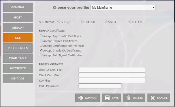 Web-based HTML5 TN3270 IBM Mainframe TN5250 IBM AS/400 Terminal Emulation Connection Edit SSL TSL Server Certificate Display Accept Invalid Expired Valid Self Signed Client Root CA Key File