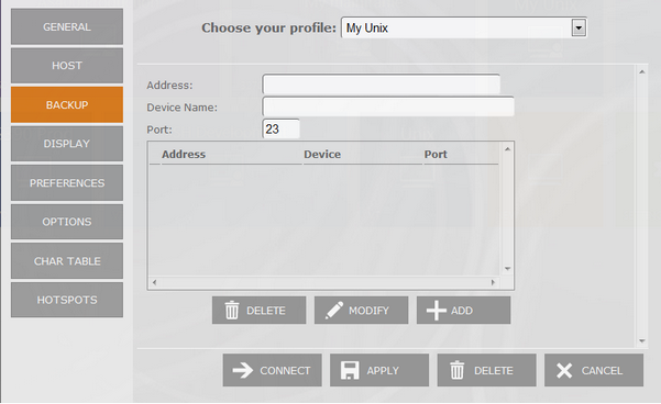 Web-based HTML5 VT UNIX Telnet Terminal Emulation Connection Edit Backup Address Device Name Port