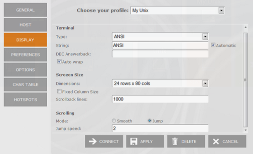 Web-based HTML5 VT UNIX Telnet Terminal Emulation Connection Edit Display Type String DEC Answerback AutoWrap Screen Size Rows Columns Fixed Scrollback Lines Scrolling Smooth Jump Speed
