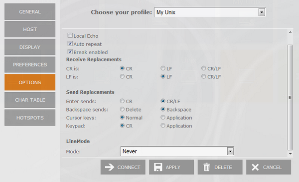 Web-based HTML5 VT UNIX Telnet Terminal Emulation Connection Edit Options Local Echo Auto Repeat Break Enabled Receive Replacements CR LF Send Enter Backspace Cursor Keypad Line Mode