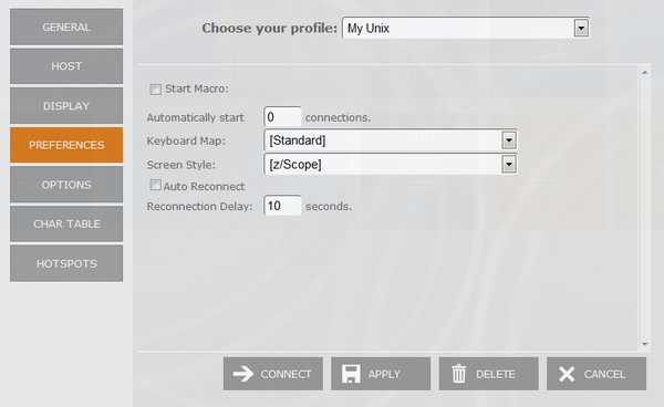 Web-based HTML5 VT UNIX Telnet Terminal Emulation Connection Edit Preferences Automatically Start Keyboard Map Screen Style Reconnect Delay