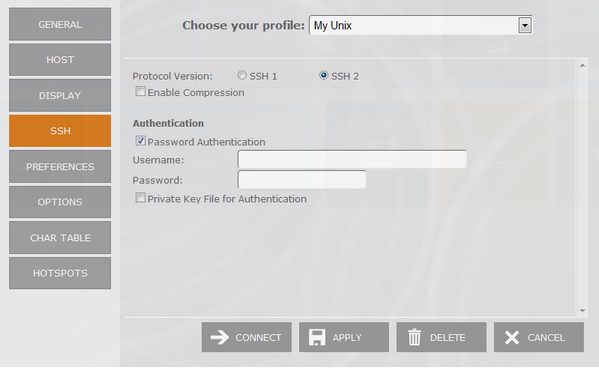 Web-based HTML5 VT UNIX Telnet Terminal Emulation Connection Edit SSH Protocol Version Compression Username Password Private Key File Authentication