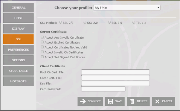 Web-based HTML5 VT UNIX Telnet Terminal Emulation Connection Edit SSL Method Server Client Certificate